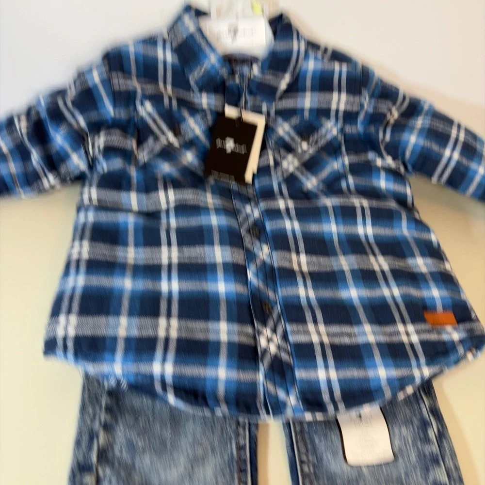 7 For All Mankind TODDLER 4T Blue Plaid Quilted Shacket Acid Wash Jeans‎ 2pc Set